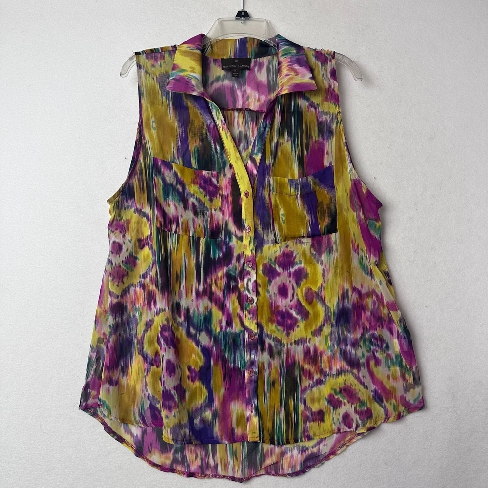 Fenn Wright Manson 1X Abstract Ikat Sleeveless Button Down Blouse Yellow Purple